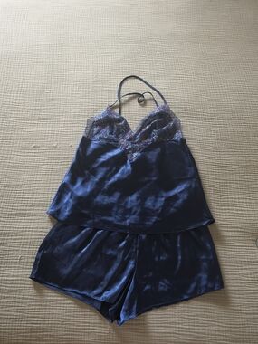 Navy Satin Lace-Trim Cami & Short Sleep Set
